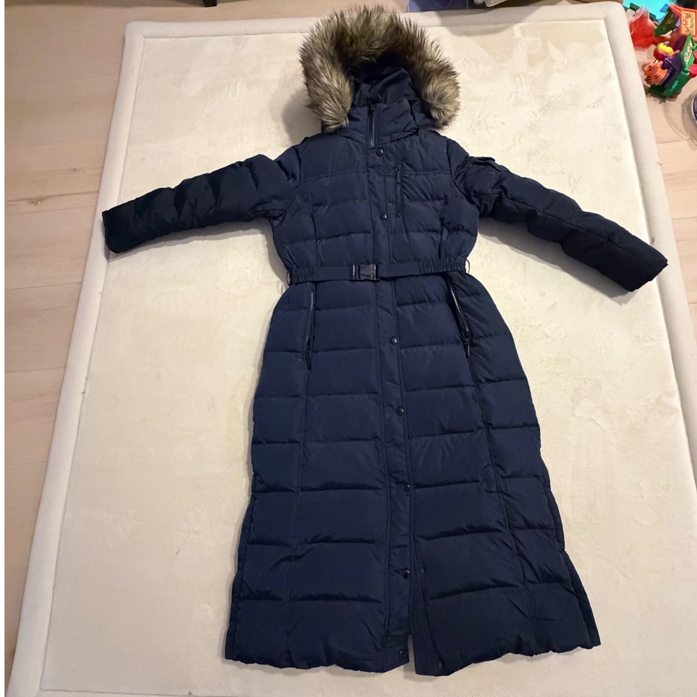 Michael Kors Navy Blue Long Down Puffer Coat Faux Fur Hood Belted Maxi Parka L